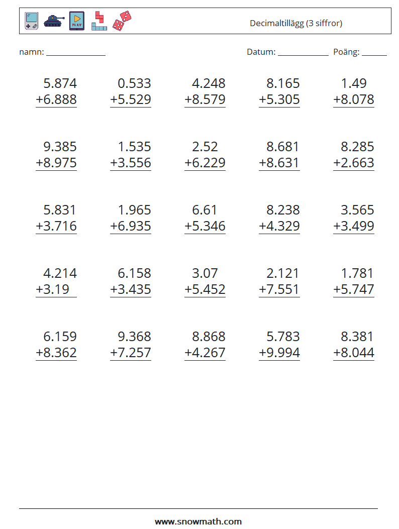 (25) Decimaltillägg (3 siffror) Matematiska arbetsblad 18