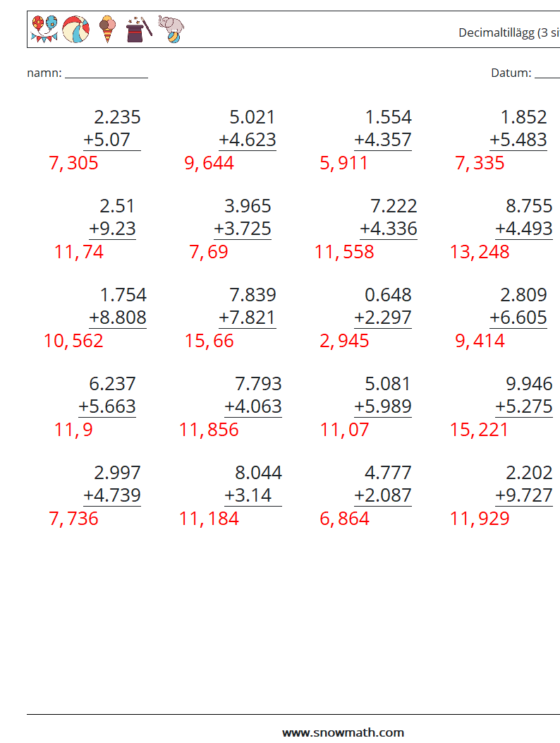 (25) Decimaltillägg (3 siffror) Matematiska arbetsblad 2 Fråga, svar