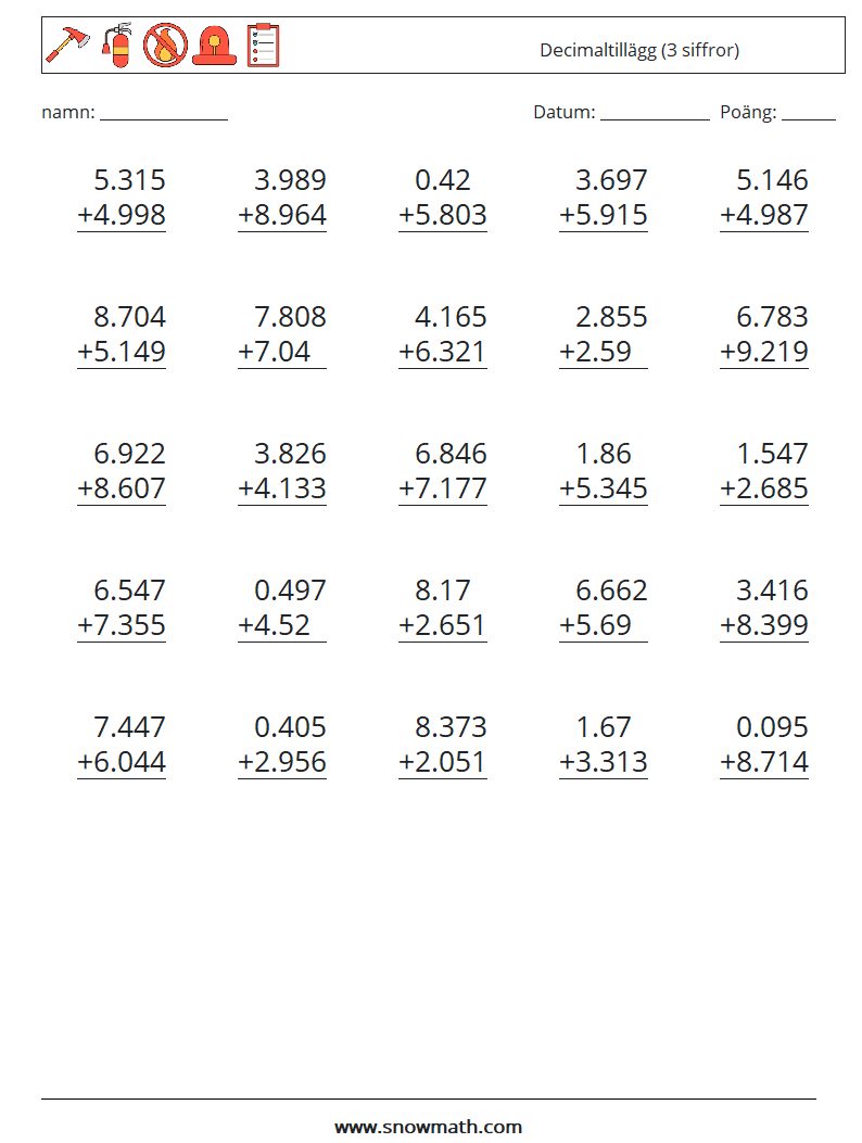 (25) Decimaltillägg (3 siffror) Matematiska arbetsblad 3
