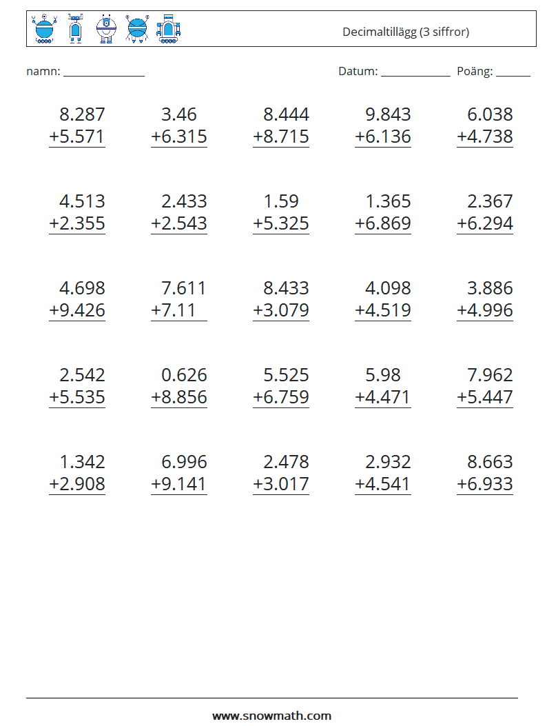 (25) Decimaltillägg (3 siffror) Matematiska arbetsblad 4