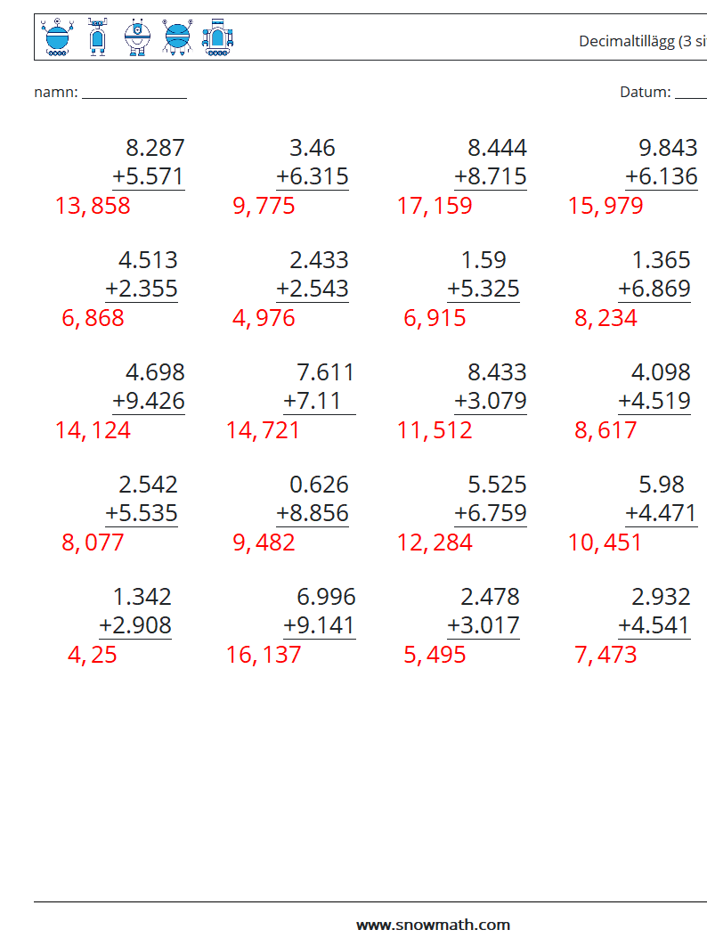 (25) Decimaltillägg (3 siffror) Matematiska arbetsblad 4 Fråga, svar