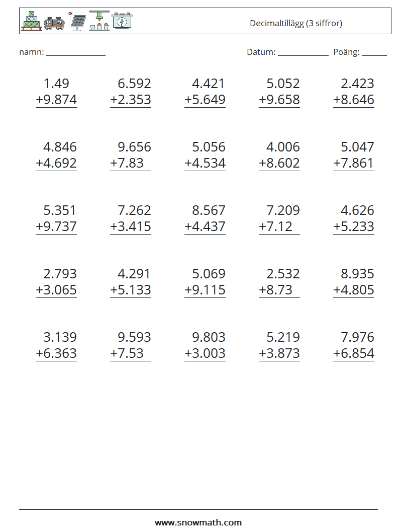 (25) Decimaltillägg (3 siffror) Matematiska arbetsblad 7