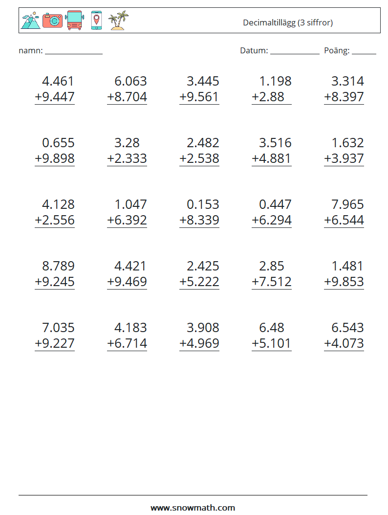 (25) Decimaltillägg (3 siffror) Matematiska arbetsblad 8