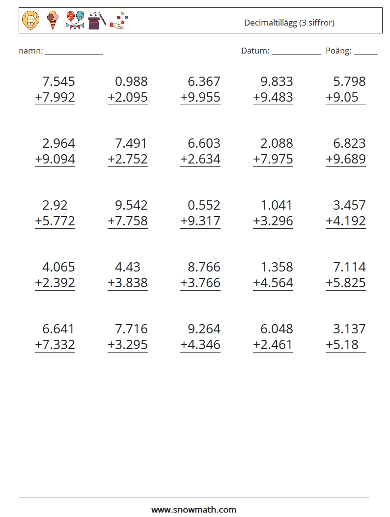 (25) Decimaltillägg (3 siffror) Matematiska arbetsblad 9