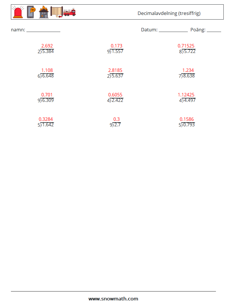 (12) Decimalavdelning (tresiffrig) Matematiska arbetsblad 12 Fråga, svar