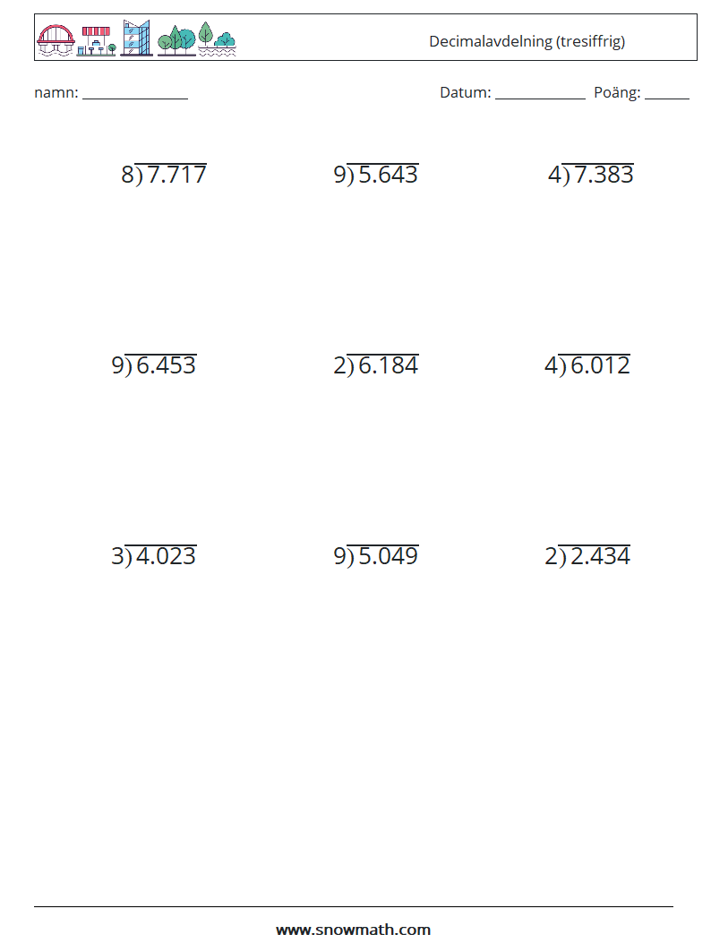 (12) Decimalavdelning (tresiffrig) Matematiska arbetsblad 13