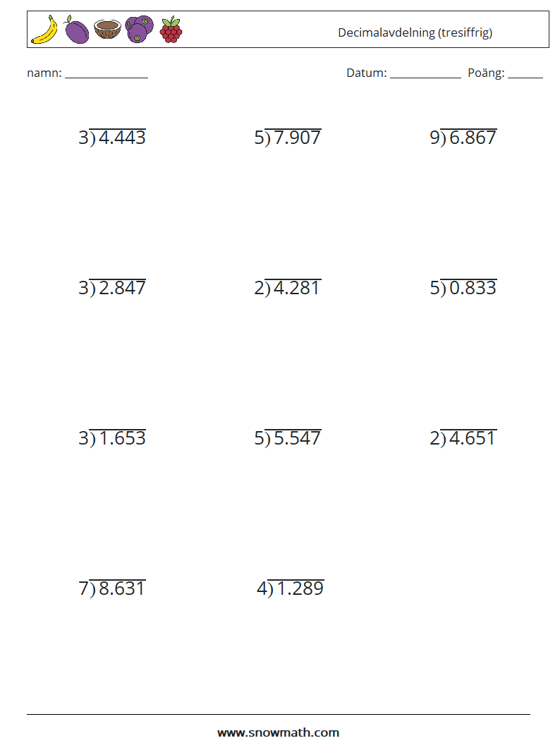 (12) Decimalavdelning (tresiffrig) Matematiska arbetsblad 14