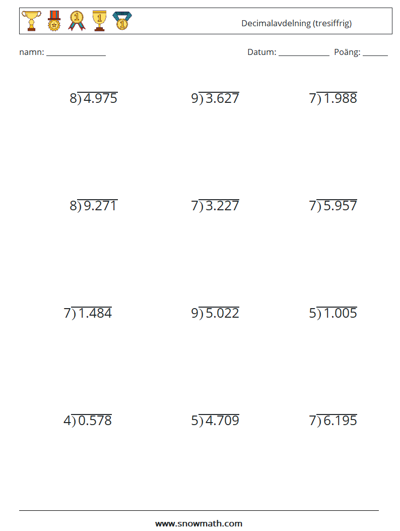 (12) Decimalavdelning (tresiffrig) Matematiska arbetsblad 15