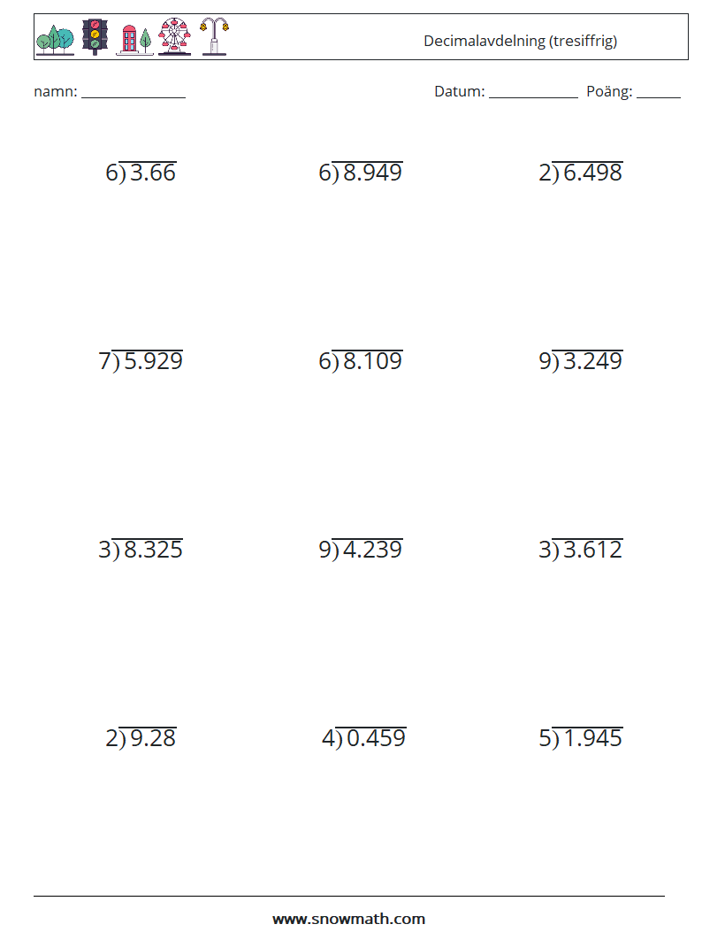 (12) Decimalavdelning (tresiffrig) Matematiska arbetsblad 3