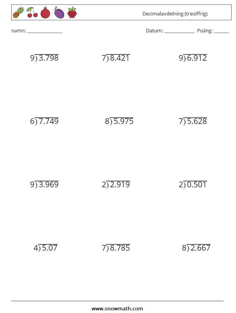 (12) Decimalavdelning (tresiffrig) Matematiska arbetsblad 4