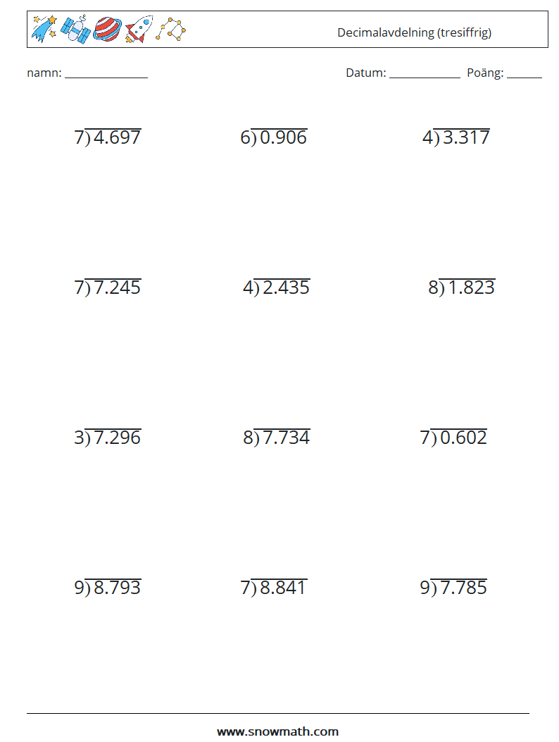 (12) Decimalavdelning (tresiffrig) Matematiska arbetsblad 5