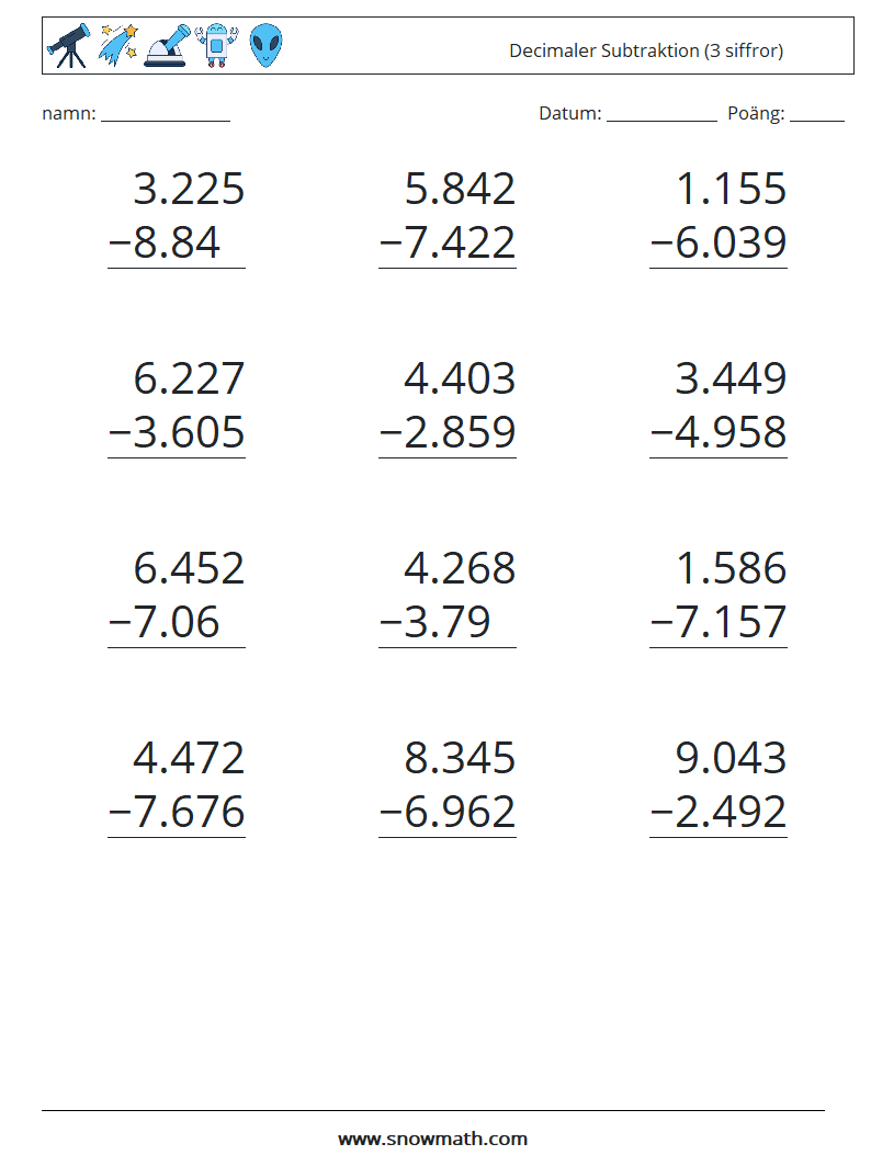 (12) Decimaler Subtraktion (3 siffror)