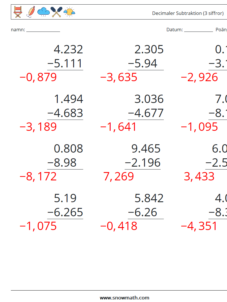 (12) Decimaler Subtraktion (3 siffror) Matematiska arbetsblad 13 Fråga, svar