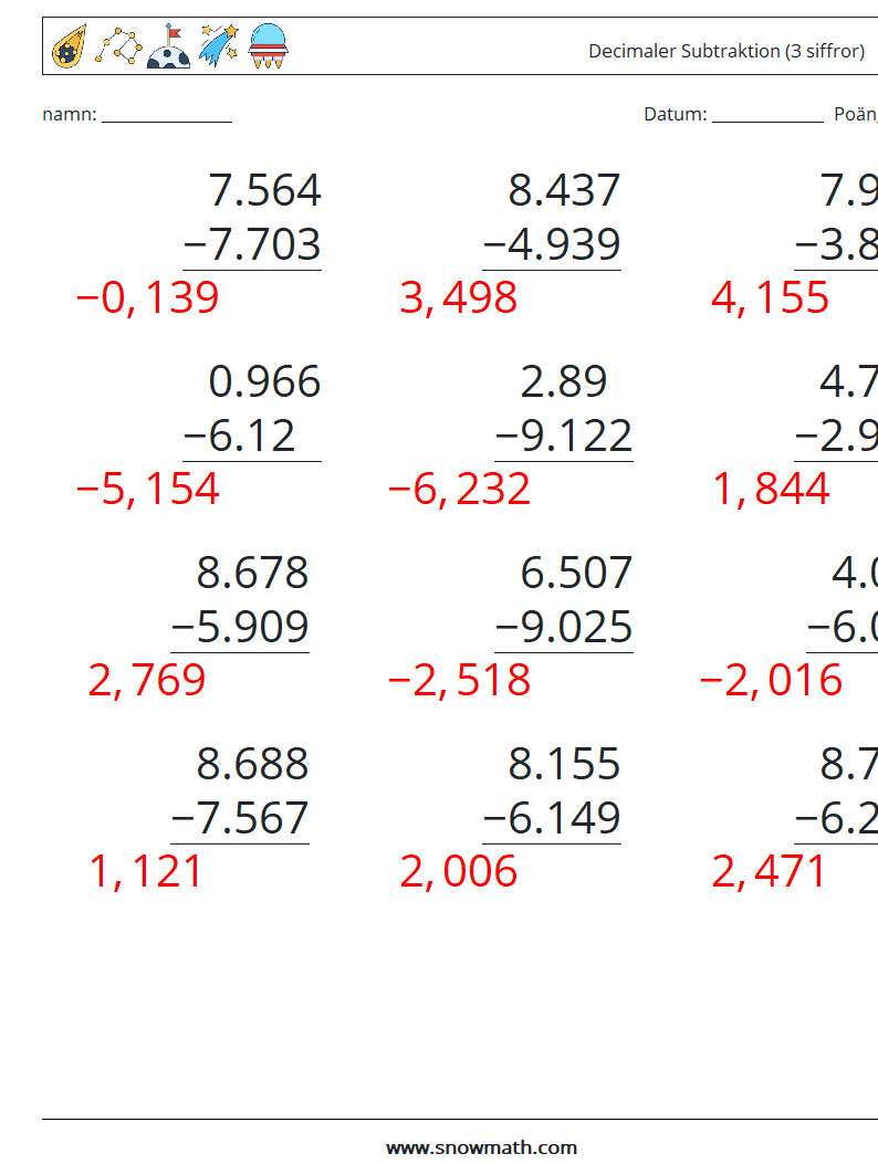 (12) Decimaler Subtraktion (3 siffror) Matematiska arbetsblad 14 Fråga, svar