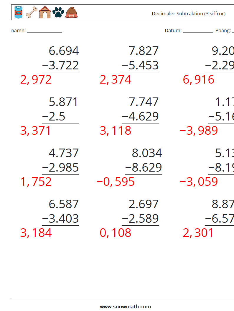 (12) Decimaler Subtraktion (3 siffror) Matematiska arbetsblad 15 Fråga, svar