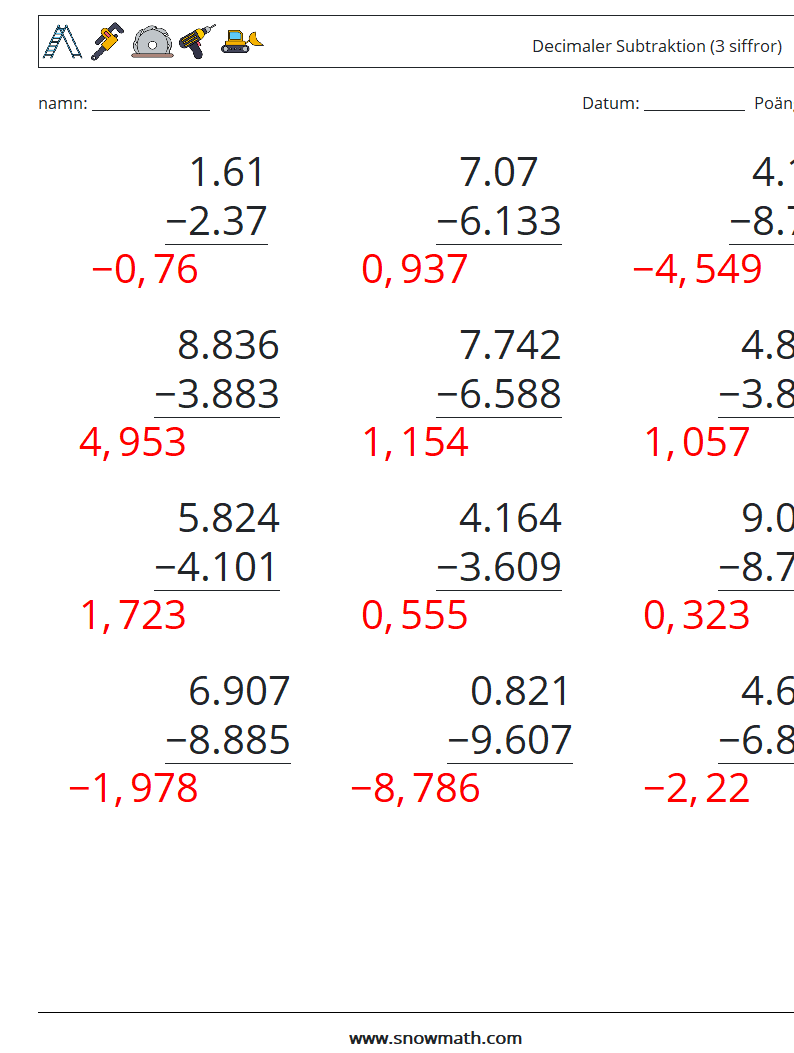 (12) Decimaler Subtraktion (3 siffror) Matematiska arbetsblad 17 Fråga, svar