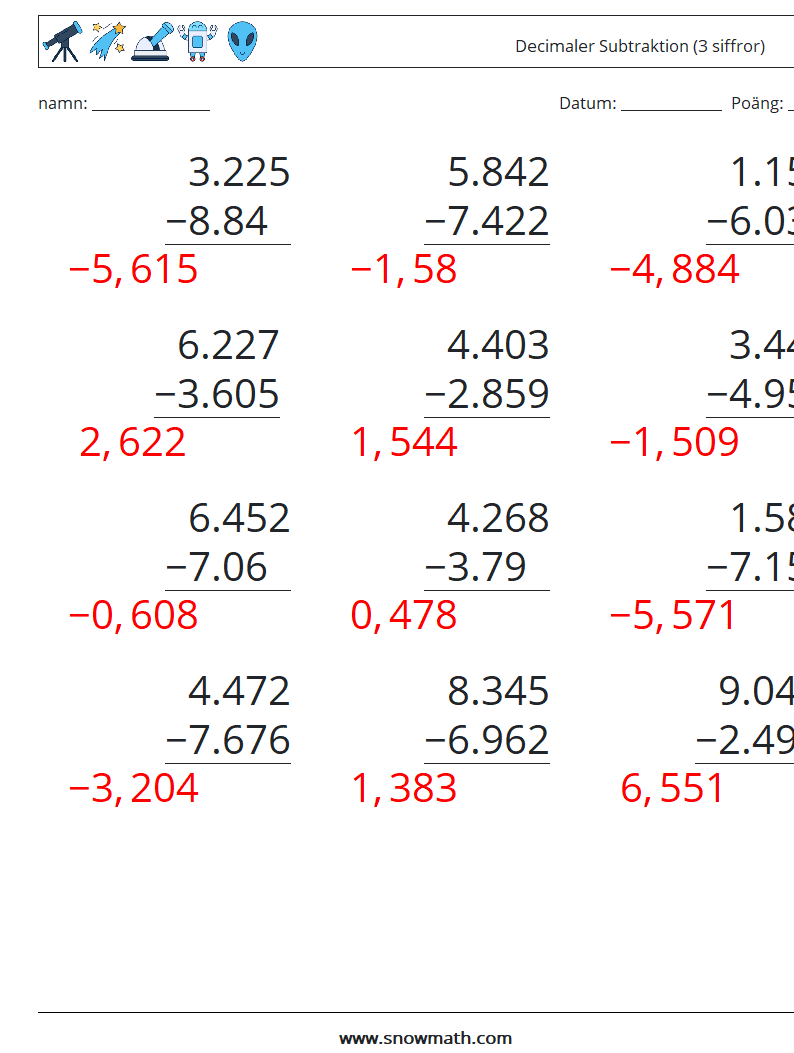 (12) Decimaler Subtraktion (3 siffror) Matematiska arbetsblad 1 Fråga, svar