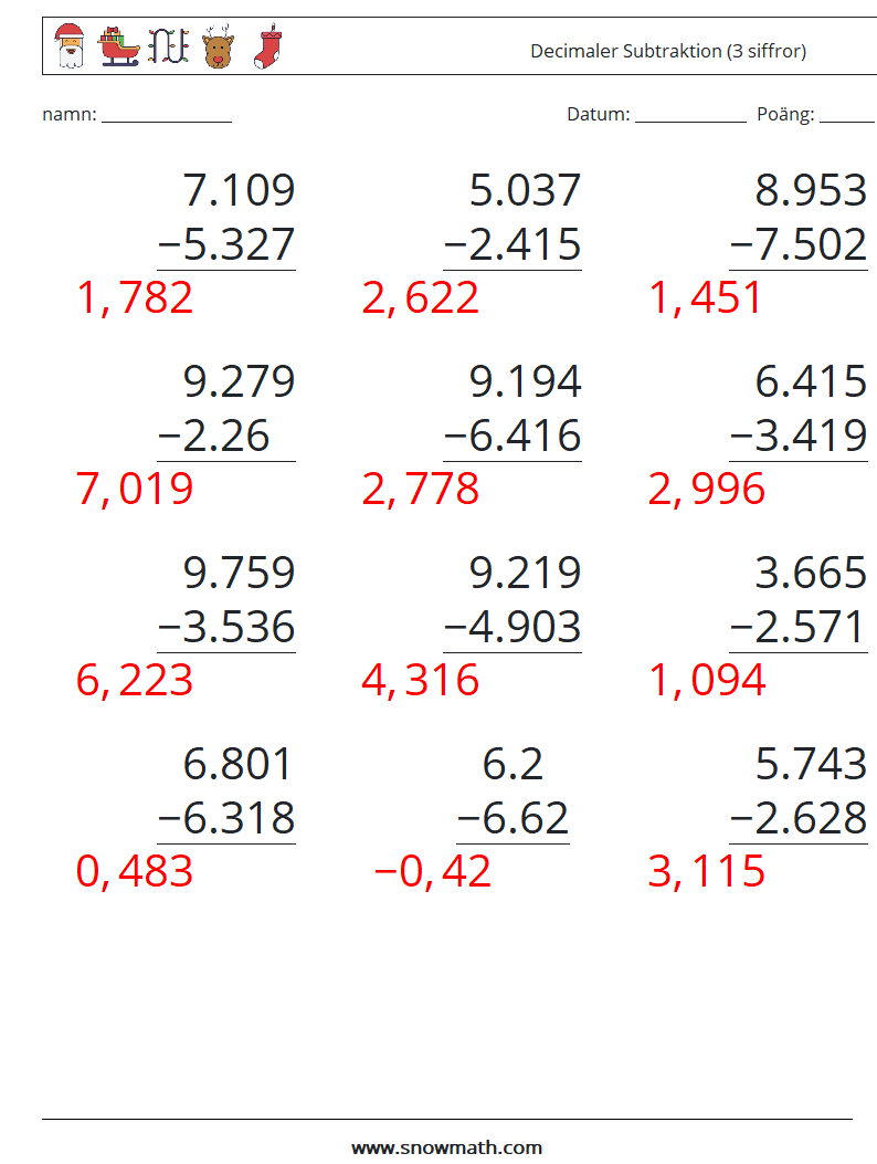 (12) Decimaler Subtraktion (3 siffror) Matematiska arbetsblad 3 Fråga, svar