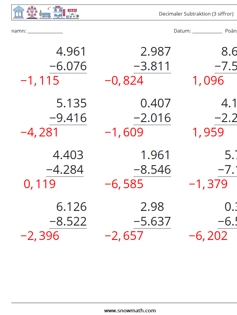 (12) Decimaler Subtraktion (3 siffror) Matematiska arbetsblad 4 Fråga, svar