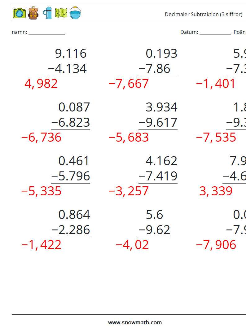 (12) Decimaler Subtraktion (3 siffror) Matematiska arbetsblad 5 Fråga, svar