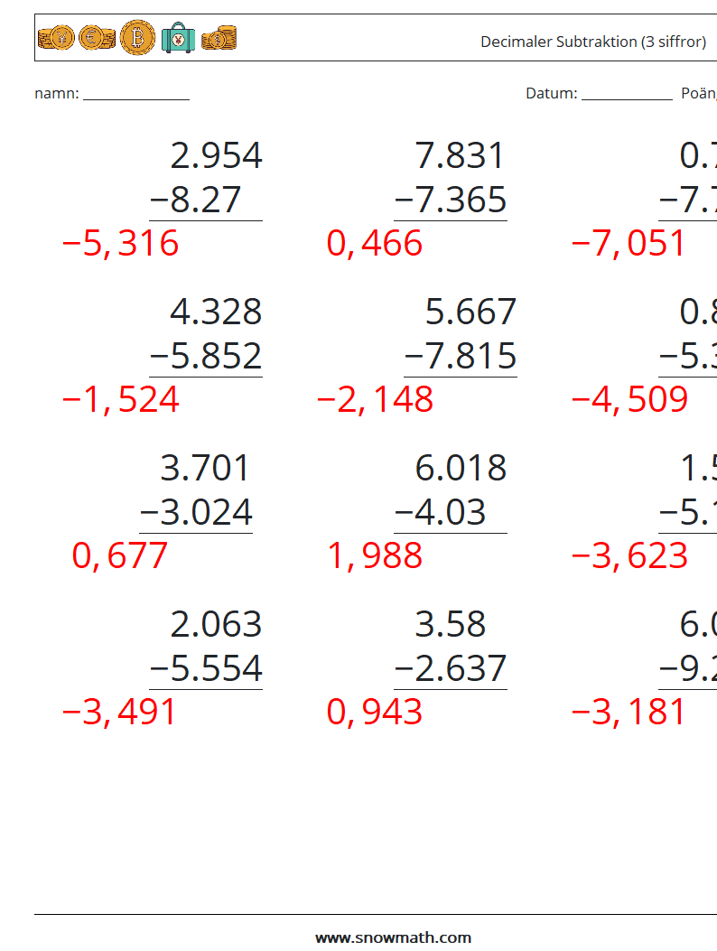 (12) Decimaler Subtraktion (3 siffror) Matematiska arbetsblad 6 Fråga, svar