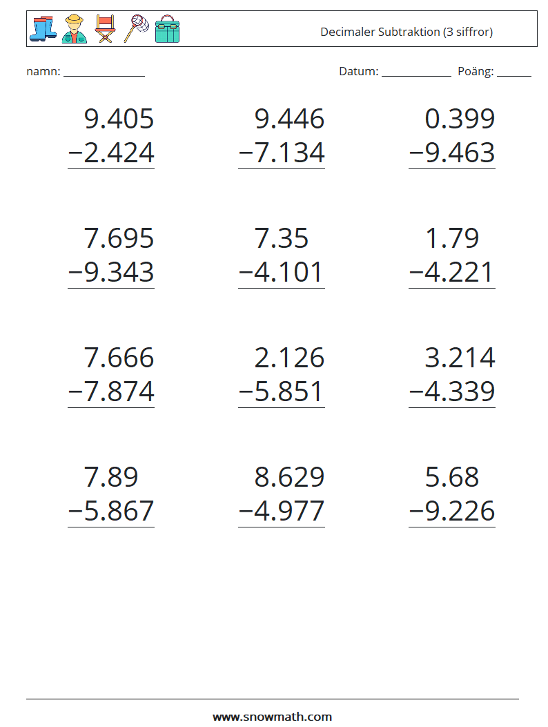 (12) Decimaler Subtraktion (3 siffror) Matematiska arbetsblad 7