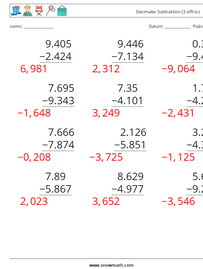 (12) Decimaler Subtraktion (3 siffror) Matematiska arbetsblad 7 Fråga, svar