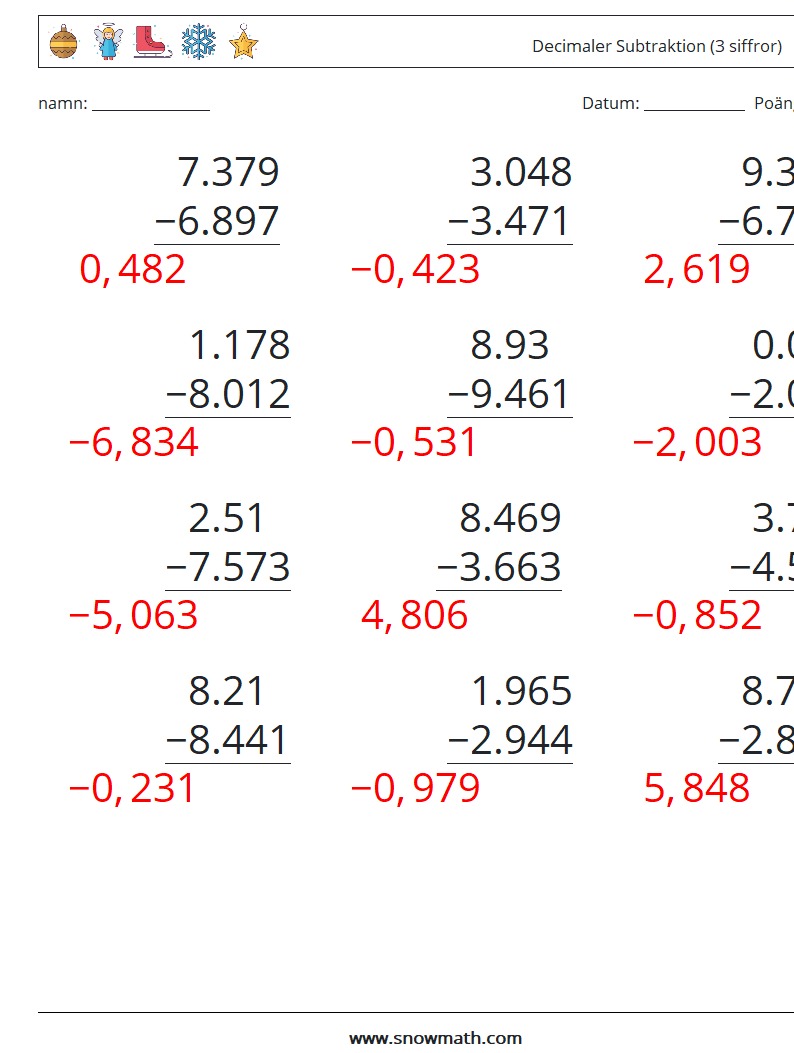 (12) Decimaler Subtraktion (3 siffror) Matematiska arbetsblad 8 Fråga, svar