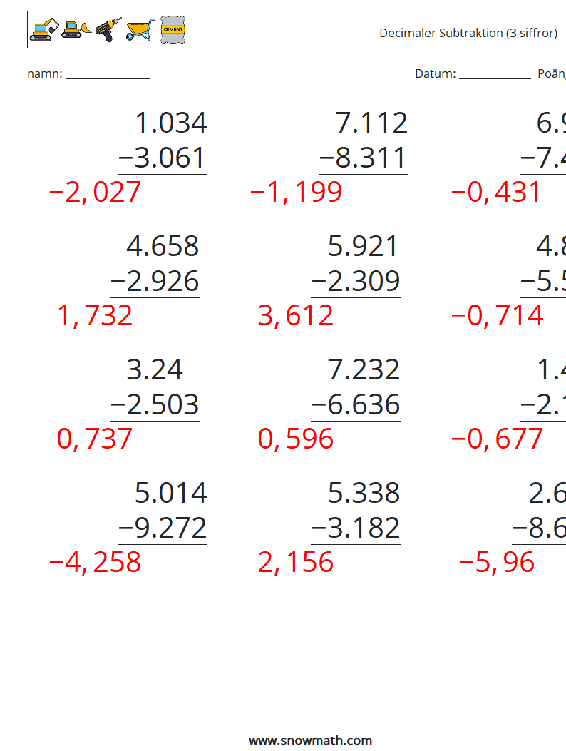 (12) Decimaler Subtraktion (3 siffror) Matematiska arbetsblad 9 Fråga, svar