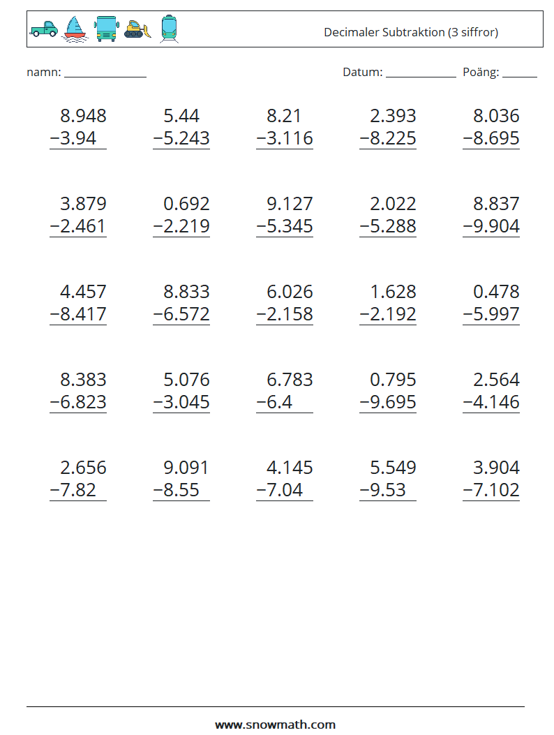 (25) Decimaler Subtraktion (3 siffror) Matematiska arbetsblad 1