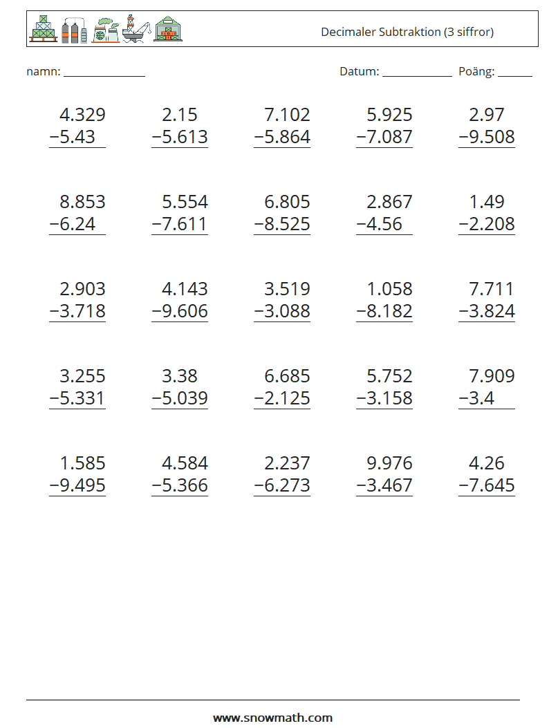 (25) Decimaler Subtraktion (3 siffror) Matematiska arbetsblad 10