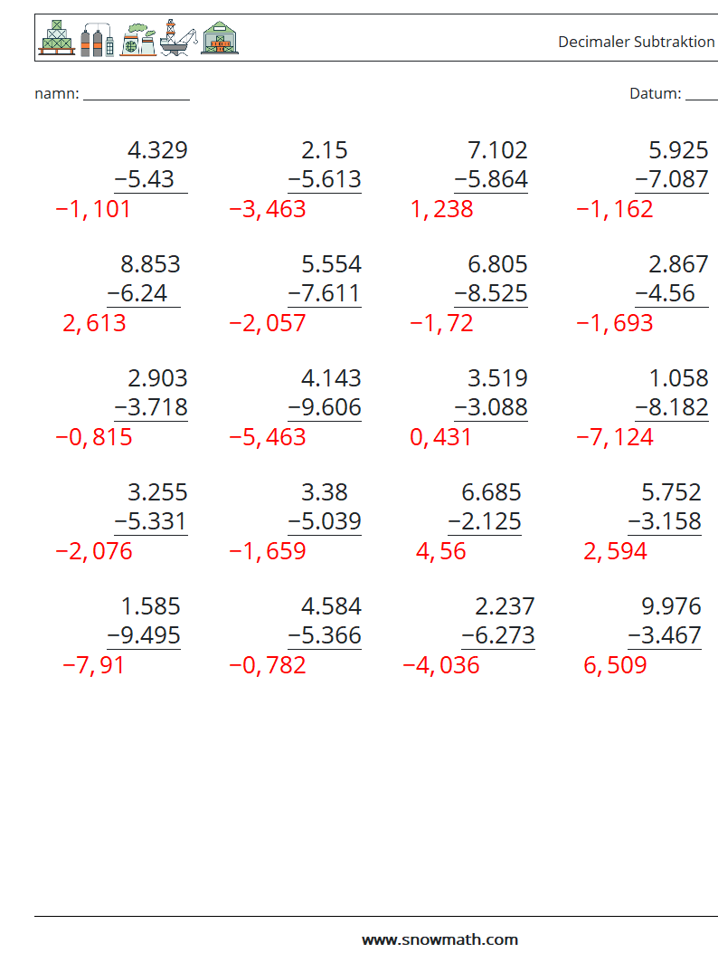 (25) Decimaler Subtraktion (3 siffror) Matematiska arbetsblad 10 Fråga, svar