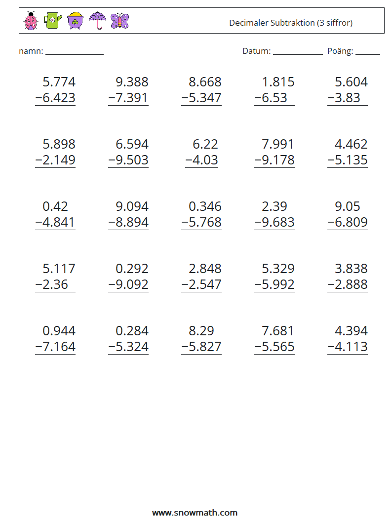 (25) Decimaler Subtraktion (3 siffror) Matematiska arbetsblad 11