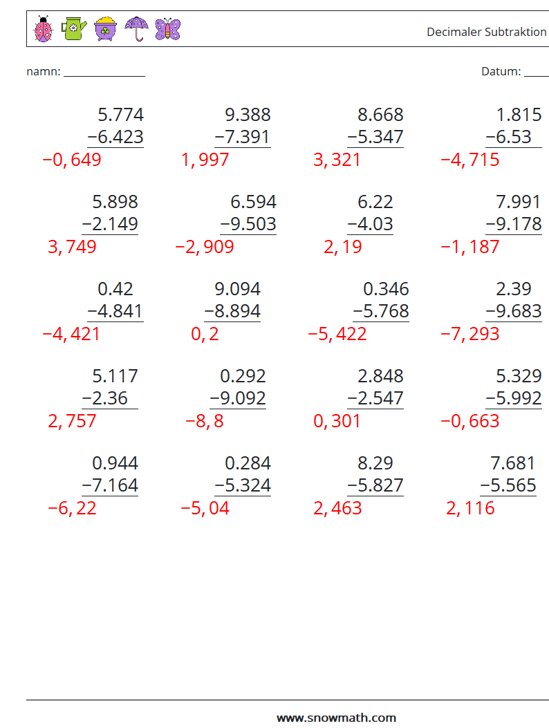 (25) Decimaler Subtraktion (3 siffror) Matematiska arbetsblad 11 Fråga, svar