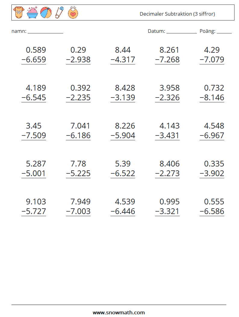 (25) Decimaler Subtraktion (3 siffror) Matematiska arbetsblad 12