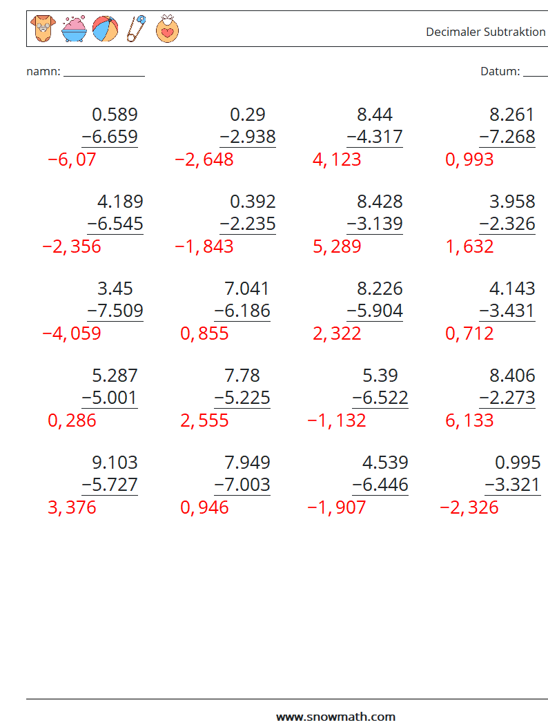 (25) Decimaler Subtraktion (3 siffror) Matematiska arbetsblad 12 Fråga, svar