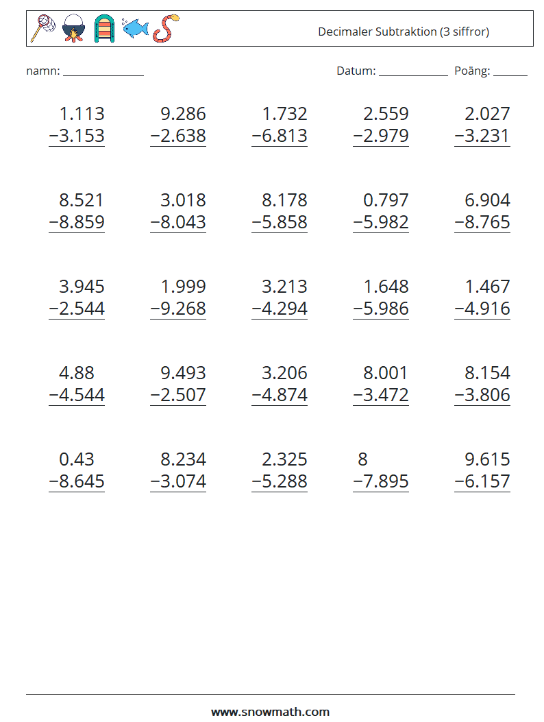 (25) Decimaler Subtraktion (3 siffror) Matematiska arbetsblad 13