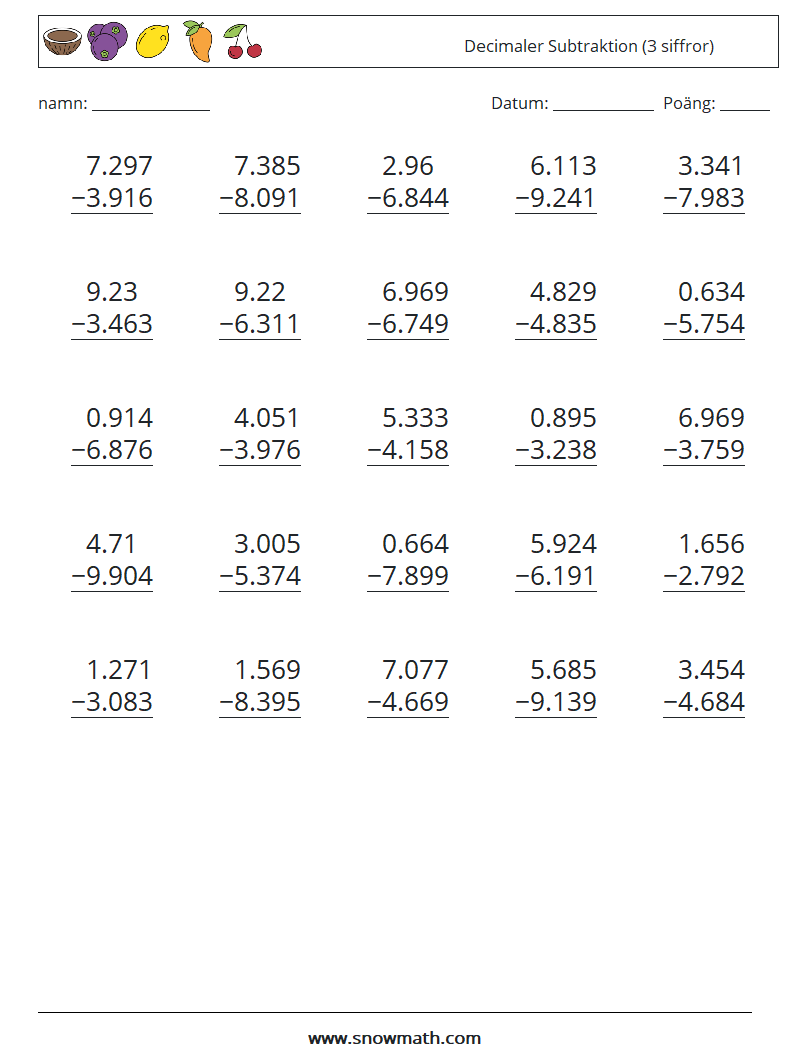 (25) Decimaler Subtraktion (3 siffror) Matematiska arbetsblad 14