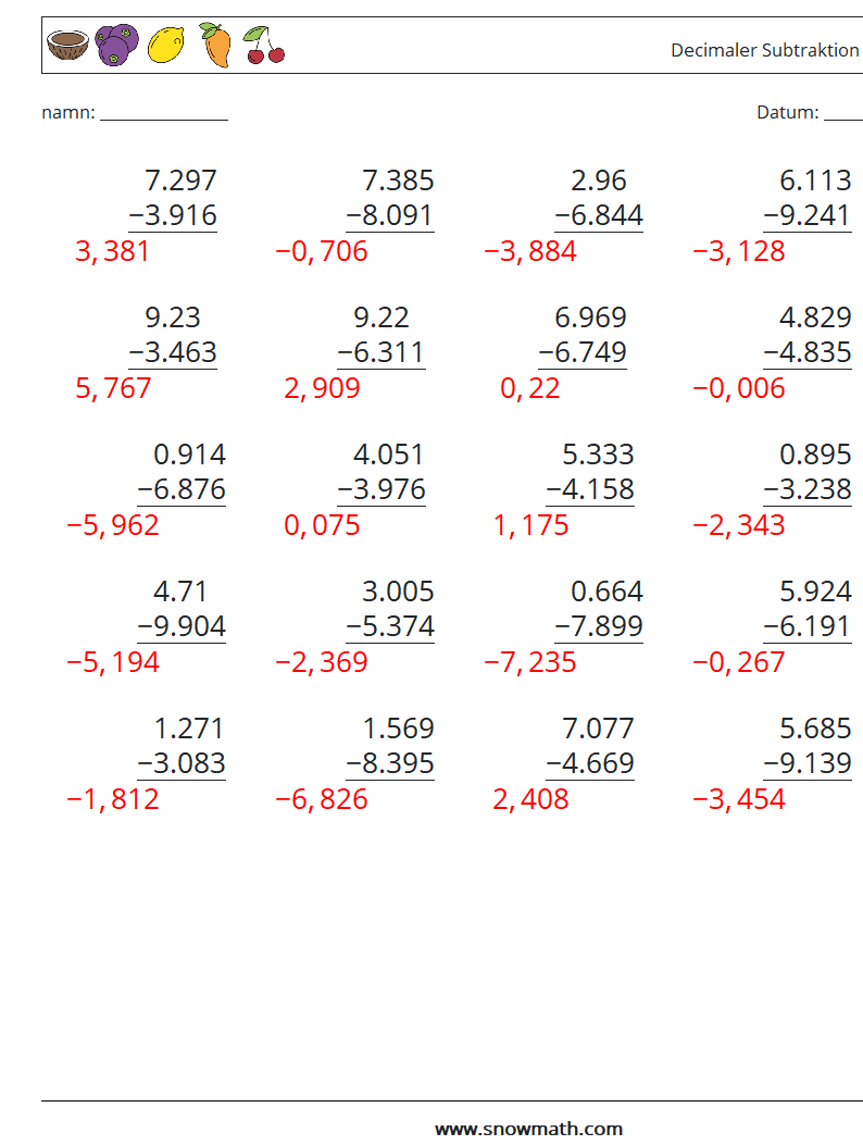 (25) Decimaler Subtraktion (3 siffror) Matematiska arbetsblad 14 Fråga, svar