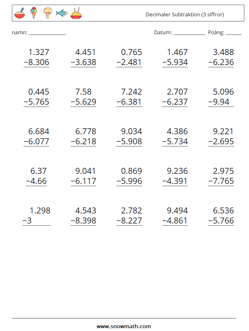 (25) Decimaler Subtraktion (3 siffror) Matematiska arbetsblad 15