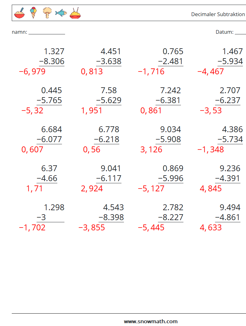 (25) Decimaler Subtraktion (3 siffror) Matematiska arbetsblad 15 Fråga, svar