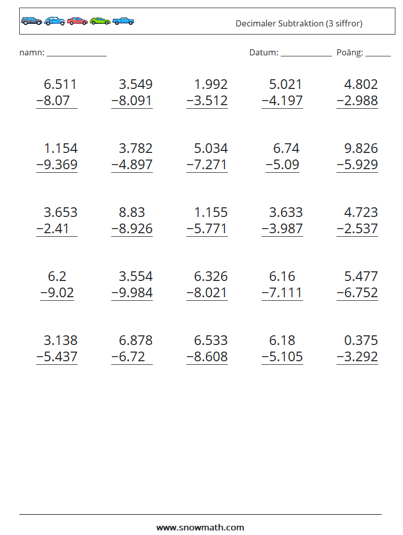 (25) Decimaler Subtraktion (3 siffror) Matematiska arbetsblad 16