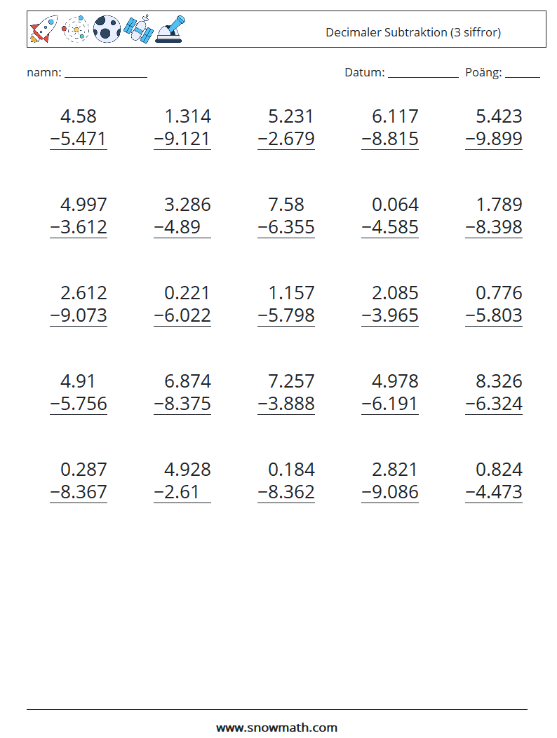 (25) Decimaler Subtraktion (3 siffror) Matematiska arbetsblad 17