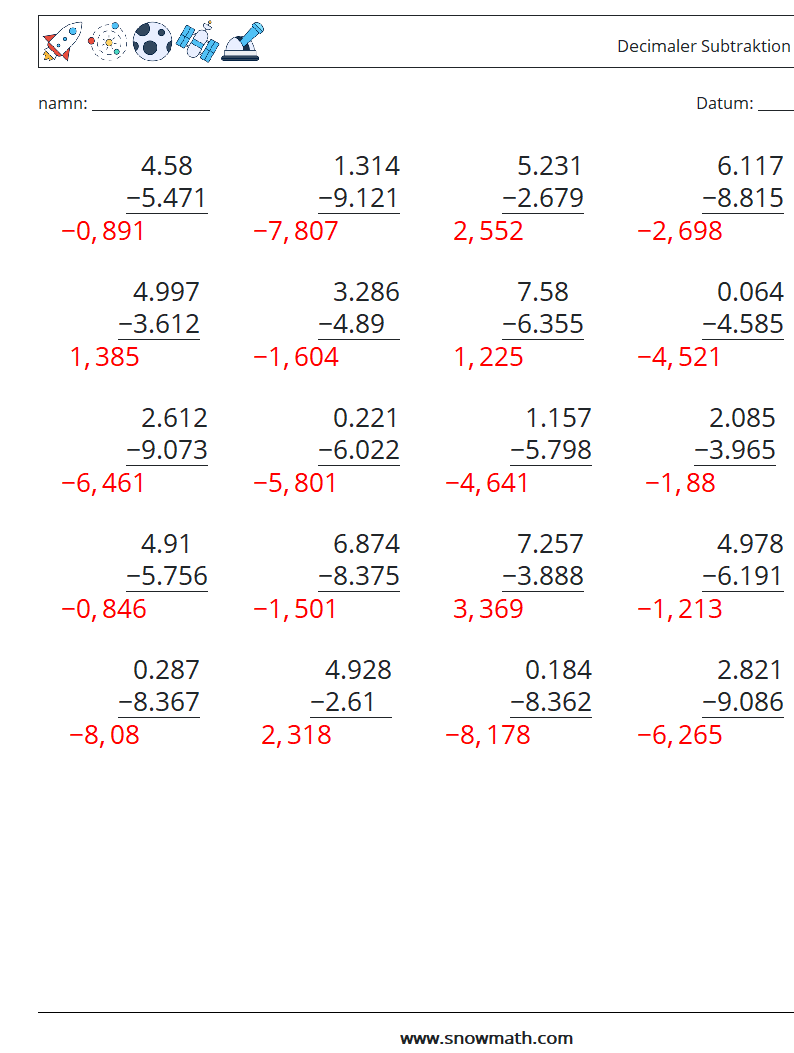 (25) Decimaler Subtraktion (3 siffror) Matematiska arbetsblad 17 Fråga, svar