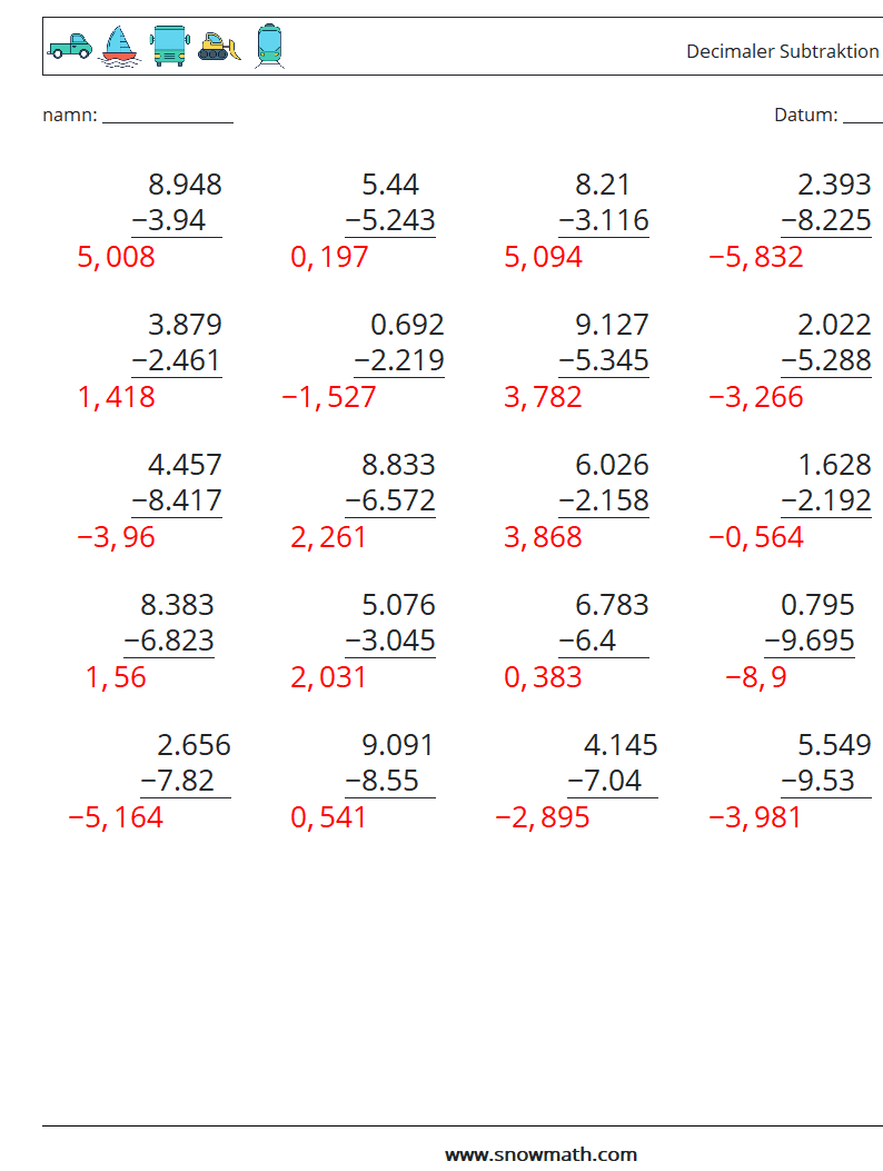 (25) Decimaler Subtraktion (3 siffror) Matematiska arbetsblad 1 Fråga, svar