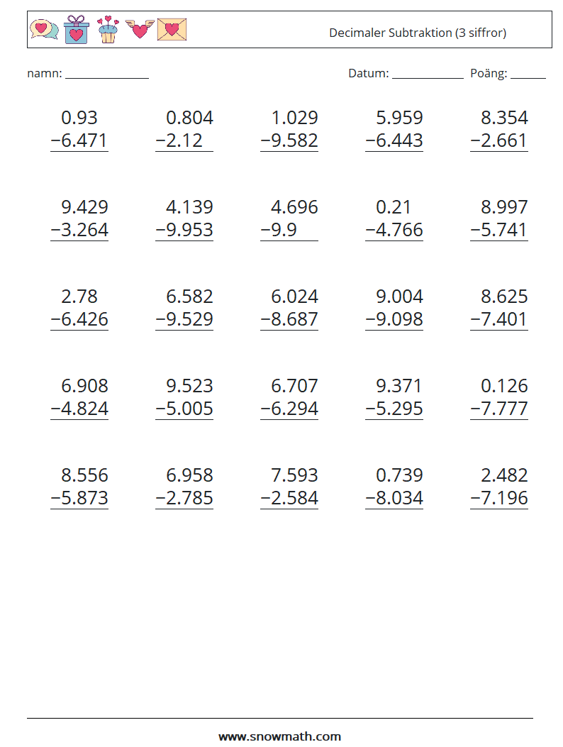 (25) Decimaler Subtraktion (3 siffror) Matematiska arbetsblad 2