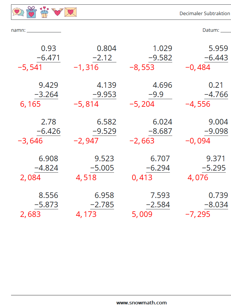 (25) Decimaler Subtraktion (3 siffror) Matematiska arbetsblad 2 Fråga, svar