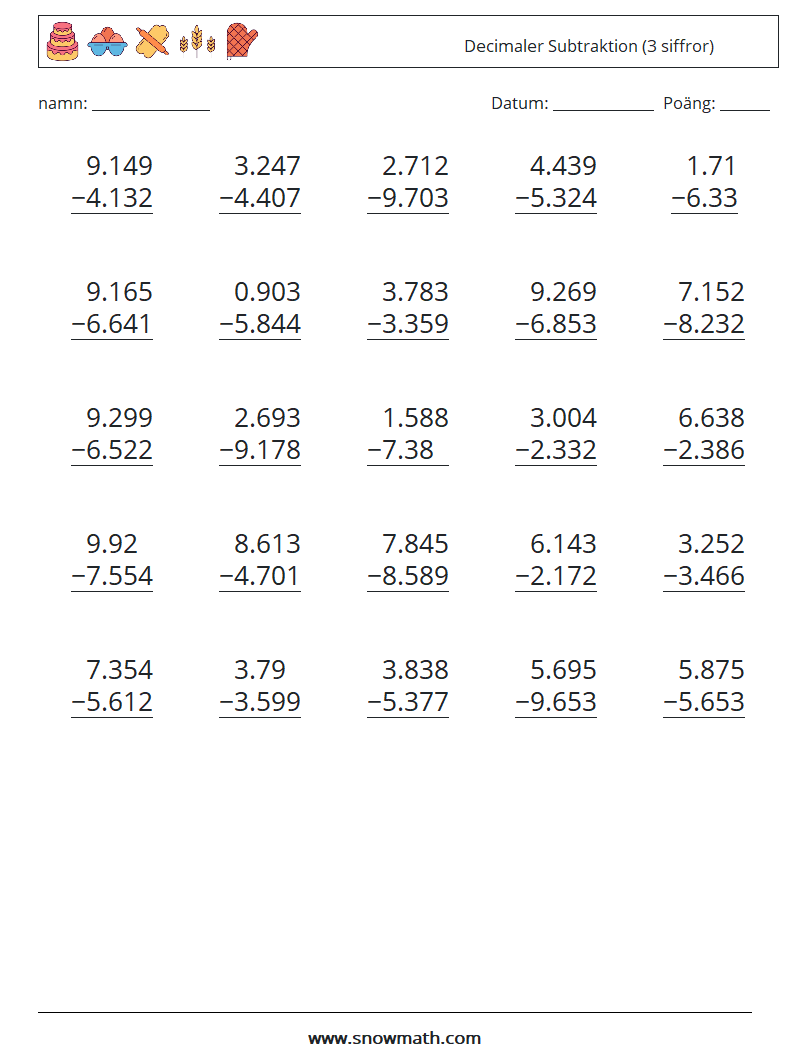 (25) Decimaler Subtraktion (3 siffror) Matematiska arbetsblad 3