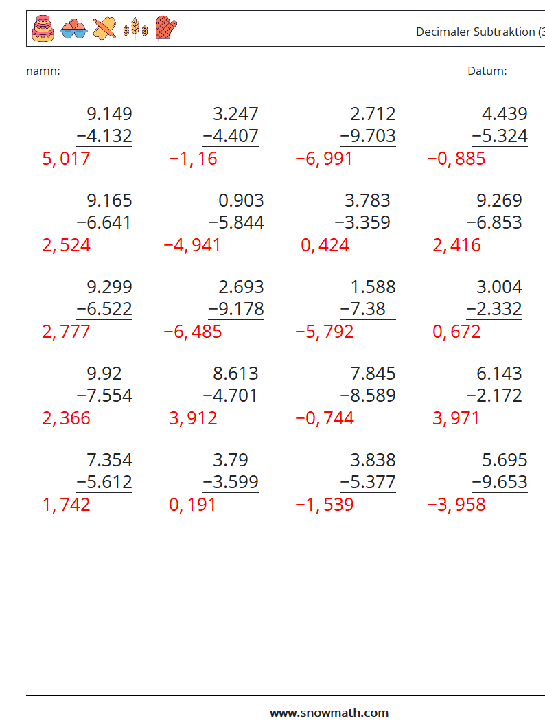 (25) Decimaler Subtraktion (3 siffror) Matematiska arbetsblad 3 Fråga, svar