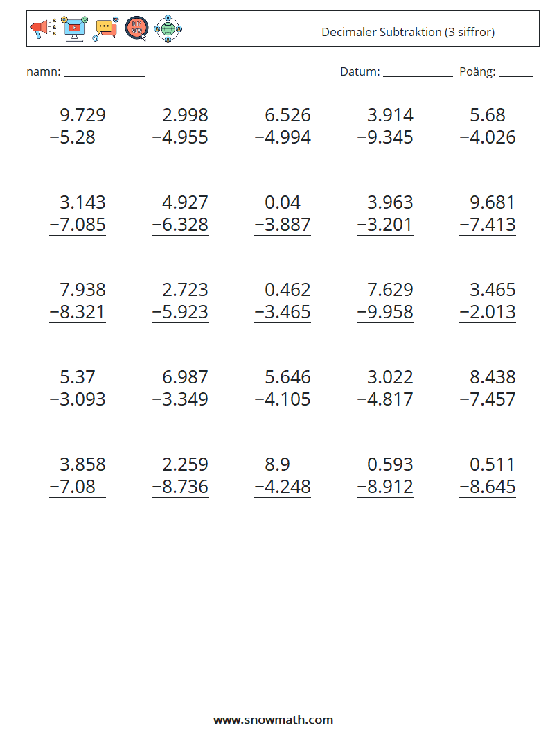 (25) Decimaler Subtraktion (3 siffror) Matematiska arbetsblad 4